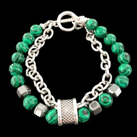 Women’s Malachite Green & Hematite Double Strand Beaded Bracelet with Chain - Picture 1 of 10